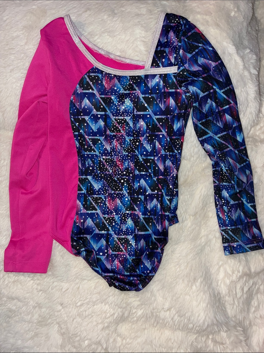 Danskin Girls' Long Sleeve One-Piece in Hot Pink and Multi-Blue Geometric Print